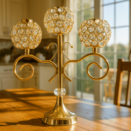 Decorative gold candle holder with crystal accents on a wooden table.